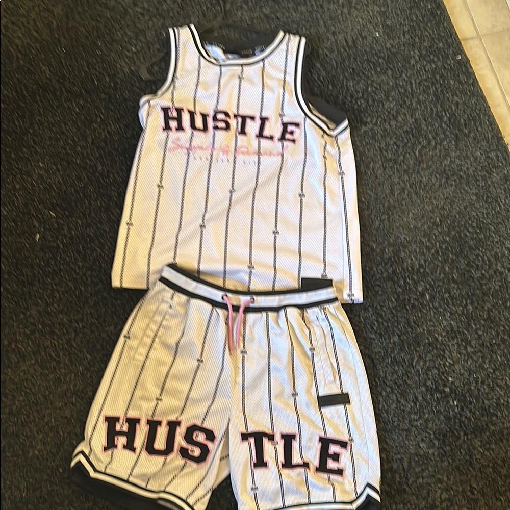 Hustle White and Black Striped Athletic Set